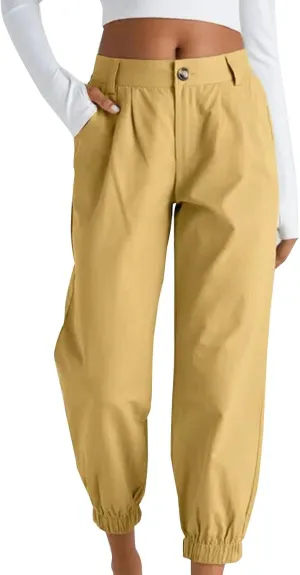 Women's Cropped Harem Pants Lightweight Solid Color Casual Sport Pant Trendy High Waist Cinch Bottom with Zipper Pocket