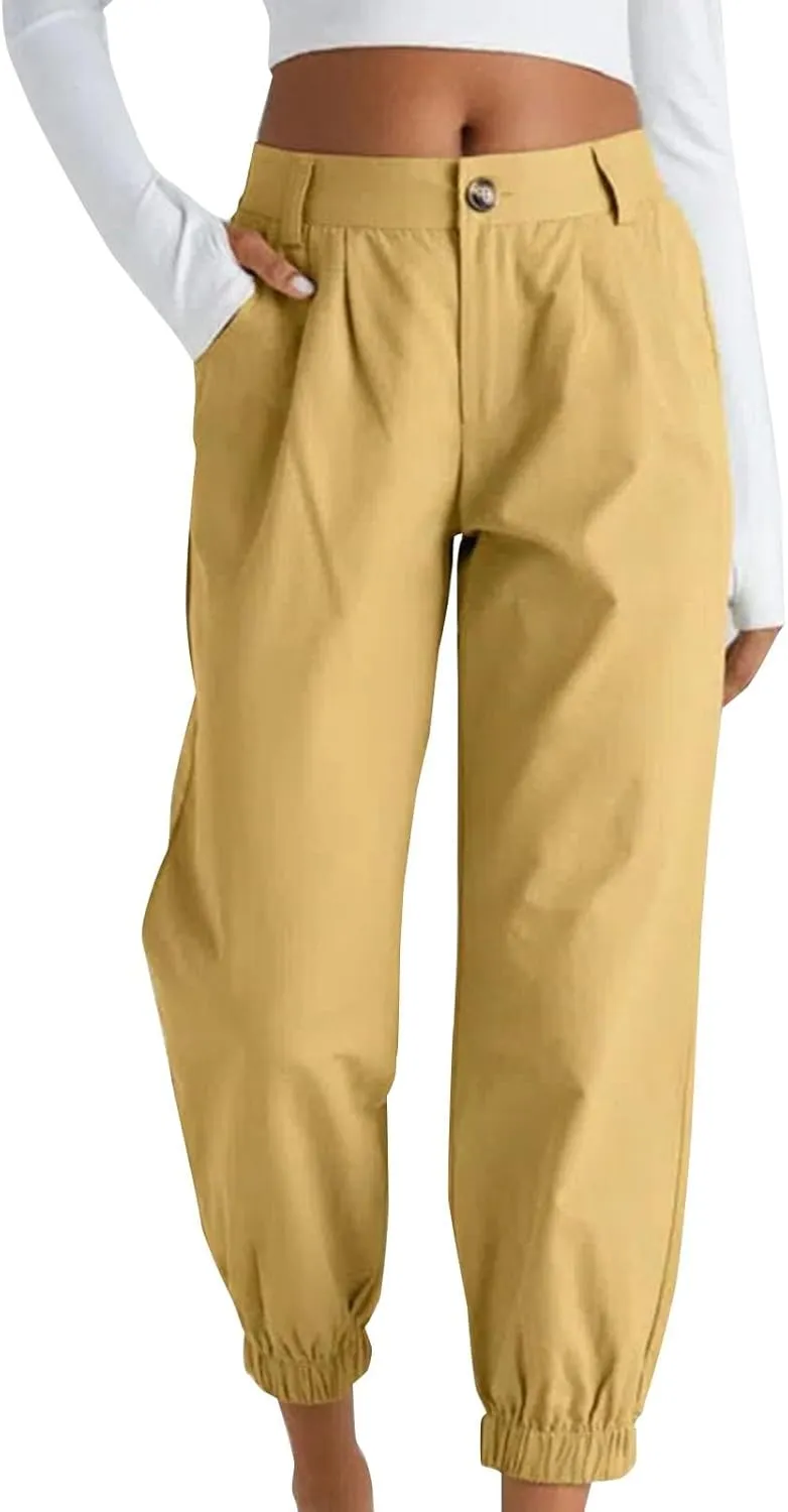 Women's Cropped Harem Pants Lightweight Solid Color Casual Sport Pant Trendy High Waist Cinch Bottom with Zipper Pocket