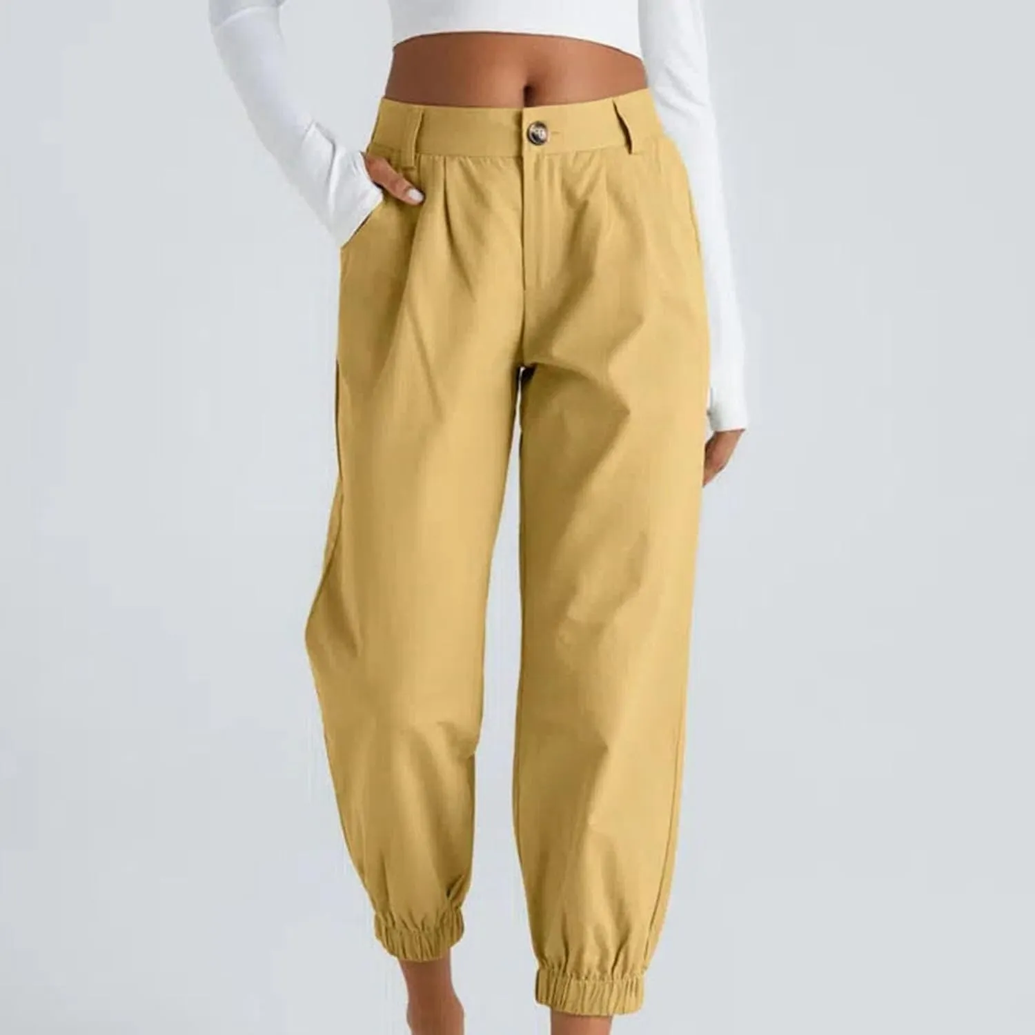 Women's Cropped Harem Pants Lightweight Solid Color Casual Sport Pant Trendy High Waist Cinch Bottom with Zipper Pocket