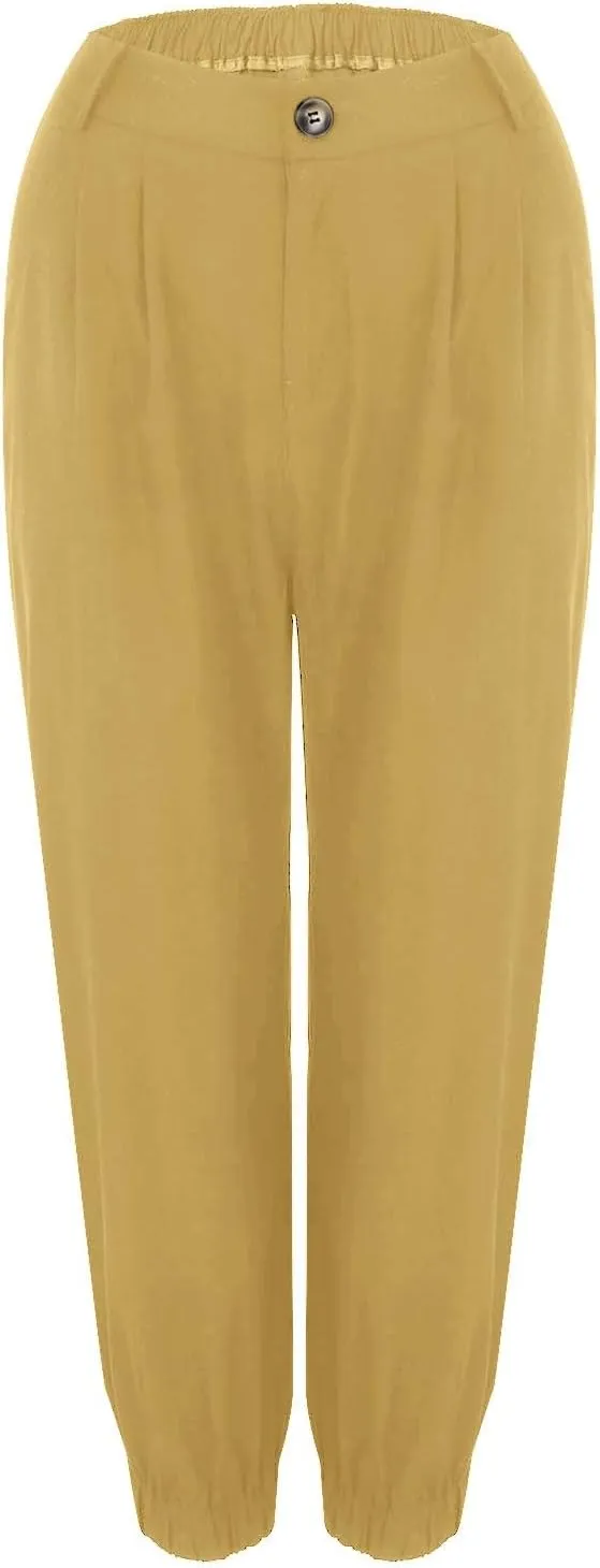 Women's Cropped Harem Pants Lightweight Solid Color Casual Sport Pant Trendy High Waist Cinch Bottom with Zipper Pocket