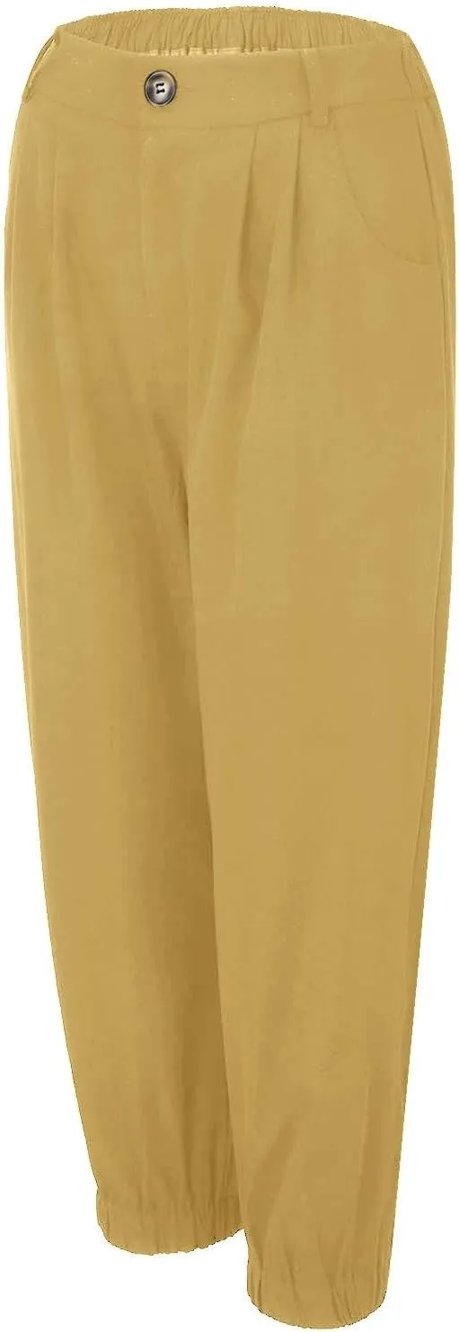 Women's Cropped Harem Pants Lightweight Solid Color Casual Sport Pant Trendy High Waist Cinch Bottom with Zipper Pocket