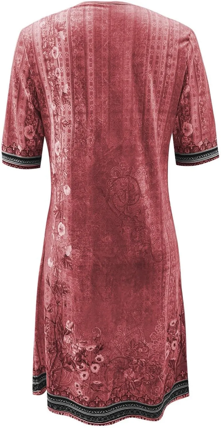 Women's Cruise Outfits 2025 Summer Casual Loose Trendy Short Sleeve V-Neck Vintage Floral Print Dress, S-5XL
