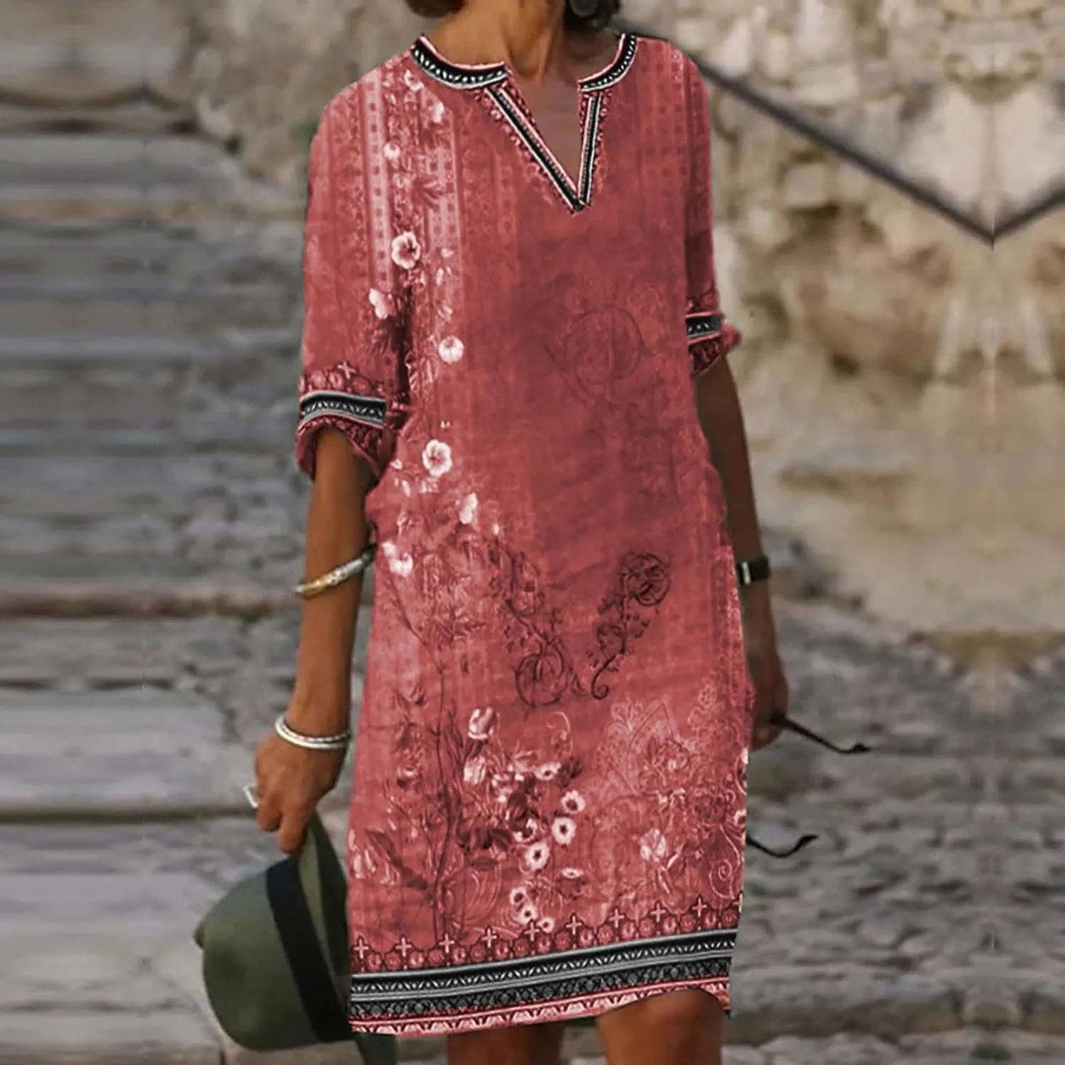 Women's Cruise Outfits 2025 Summer Casual Loose Trendy Short Sleeve V-Neck Vintage Floral Print Dress, S-5XL