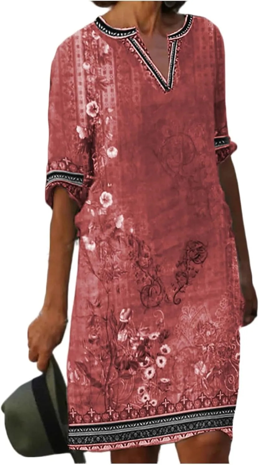 Women's Cruise Outfits 2025 Summer Casual Loose Trendy Short Sleeve V-Neck Vintage Floral Print Dress, S-5XL