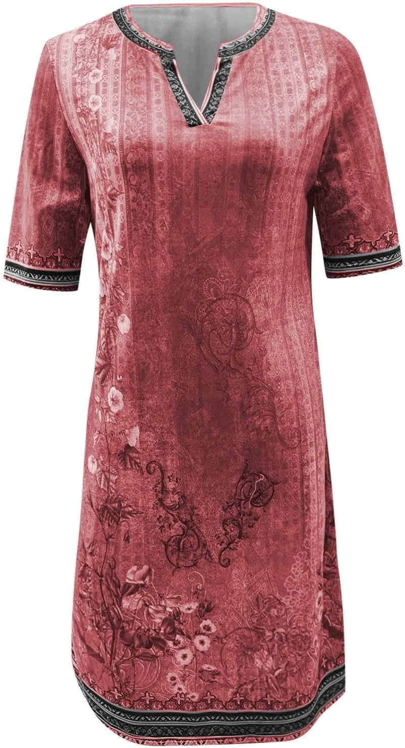 Women's Cruise Outfits 2025 Summer Casual Loose Trendy Short Sleeve V-Neck Vintage Floral Print Dress, S-5XL