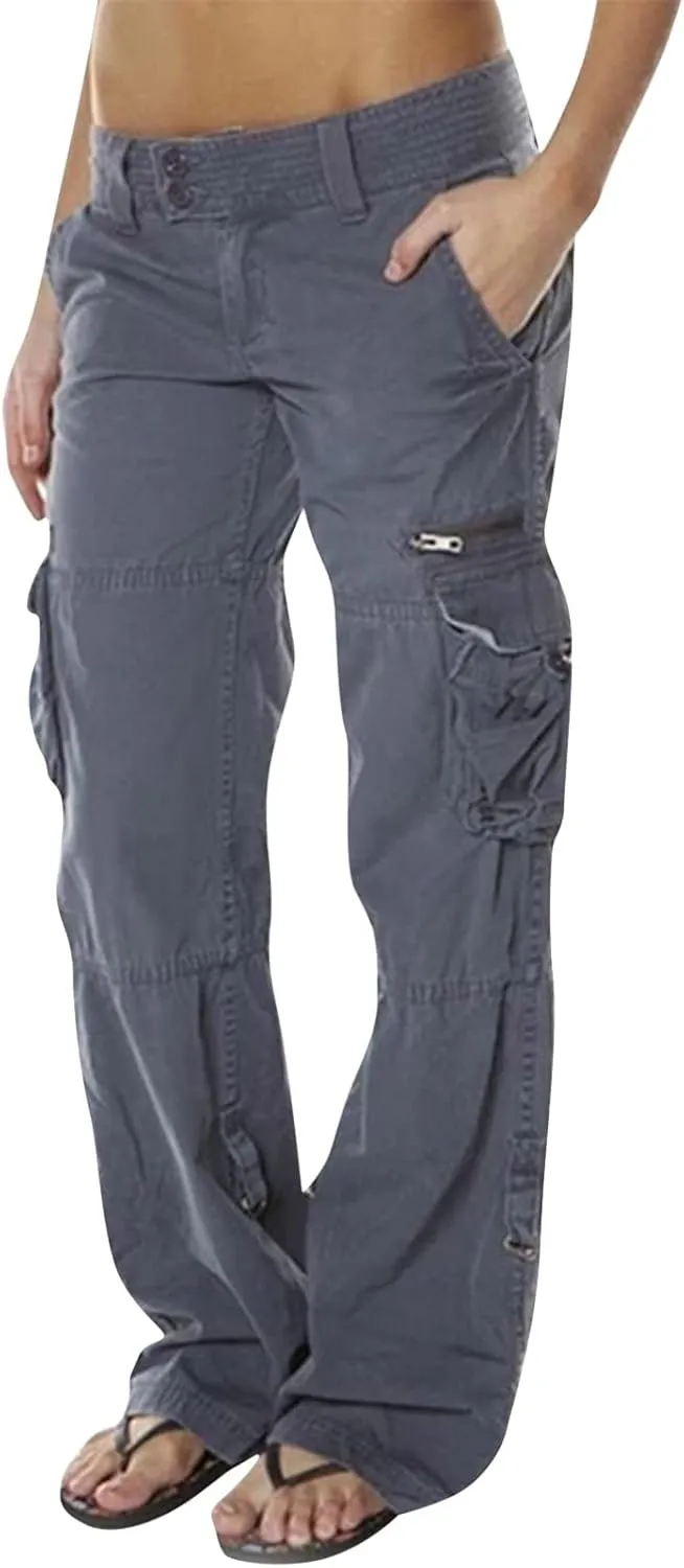 Womens Elastic High Waisted Cargo Pants Casual Relaxed Fit Multi Pockets Work Pants Trendy Y2K Streetwear Trousers