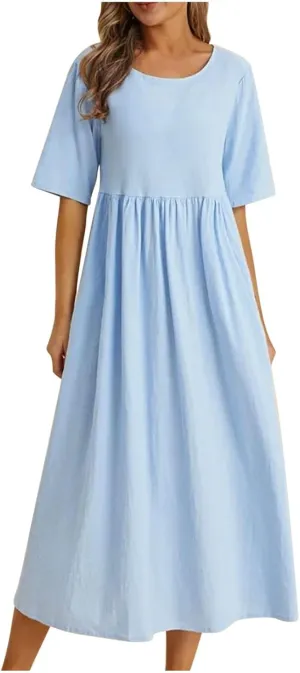 Women's Fashion Trendy 2025 Half Sleeve Linen Maxi Dresses Casual Loose Plus Size A Line Pleated Beach Dress Outfits