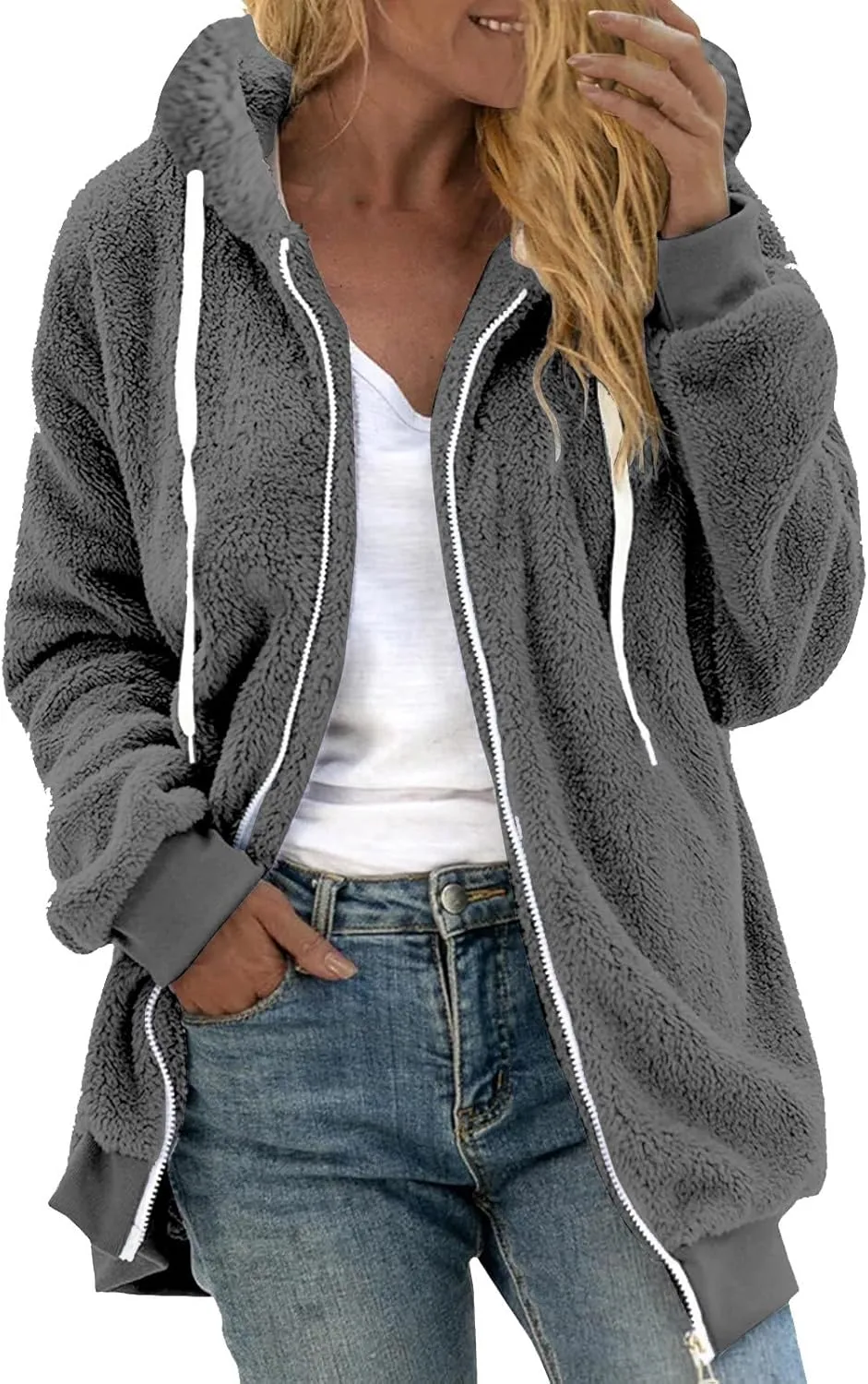 Womens Fuzzy Sherpa Pullover Hoodie Hooded Zip Up Sherpa Jacket Oversized Fleece Hoodies Soft Cozy Winter Coats