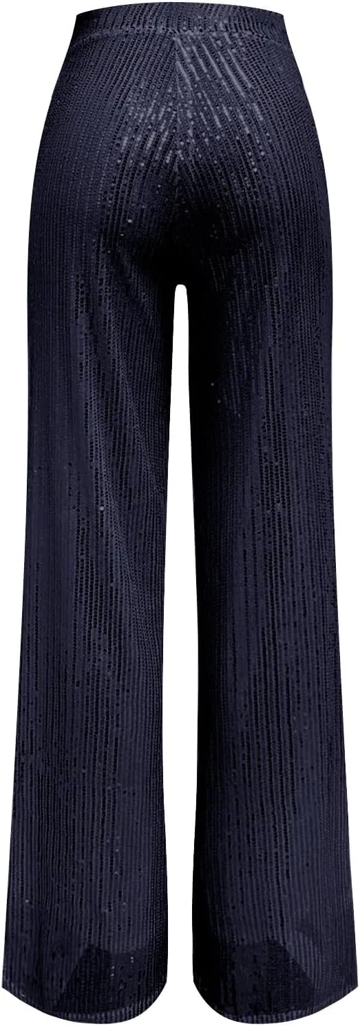 Women's Glitter Wide Leg Pants Women's Solid Color Sequins Fashion Casual Straight Pants Casual Loose Long Pant