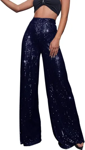 Women's Glitter Wide Leg Pants Women's Solid Color Sequins Fashion Casual Straight Pants Casual Loose Long Pant