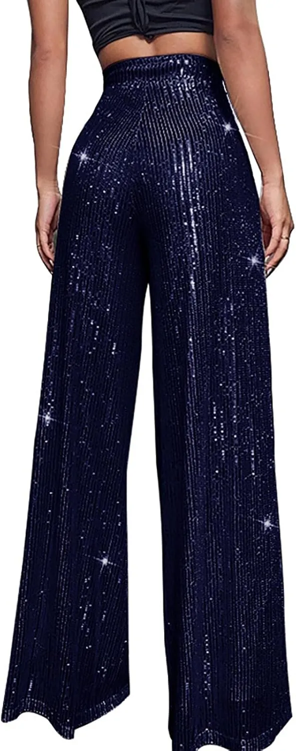 Women's Glitter Wide Leg Pants Women's Solid Color Sequins Fashion Casual Straight Pants Casual Loose Long Pant