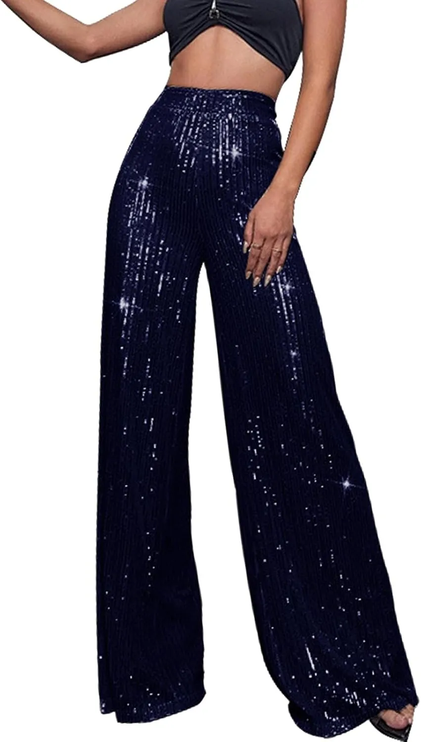 Women's Glitter Wide Leg Pants Women's Solid Color Sequins Fashion Casual Straight Pants Casual Loose Long Pant