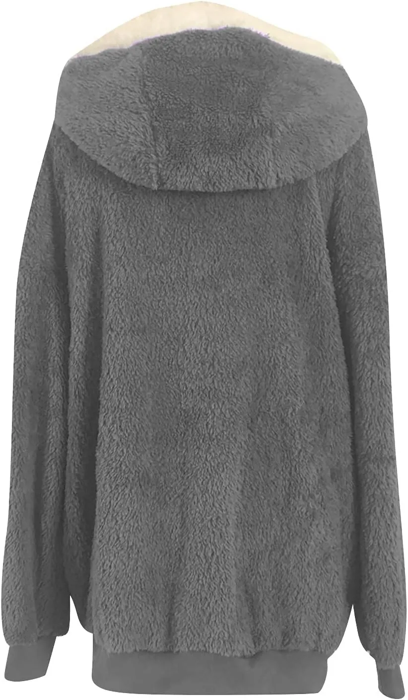 Womens Hooded Zip Up Sherpa Jacket Oversized Fuzzy Hoodies Long Sleeve Soft Fleece Sweatshirts Warm Winter Coat
