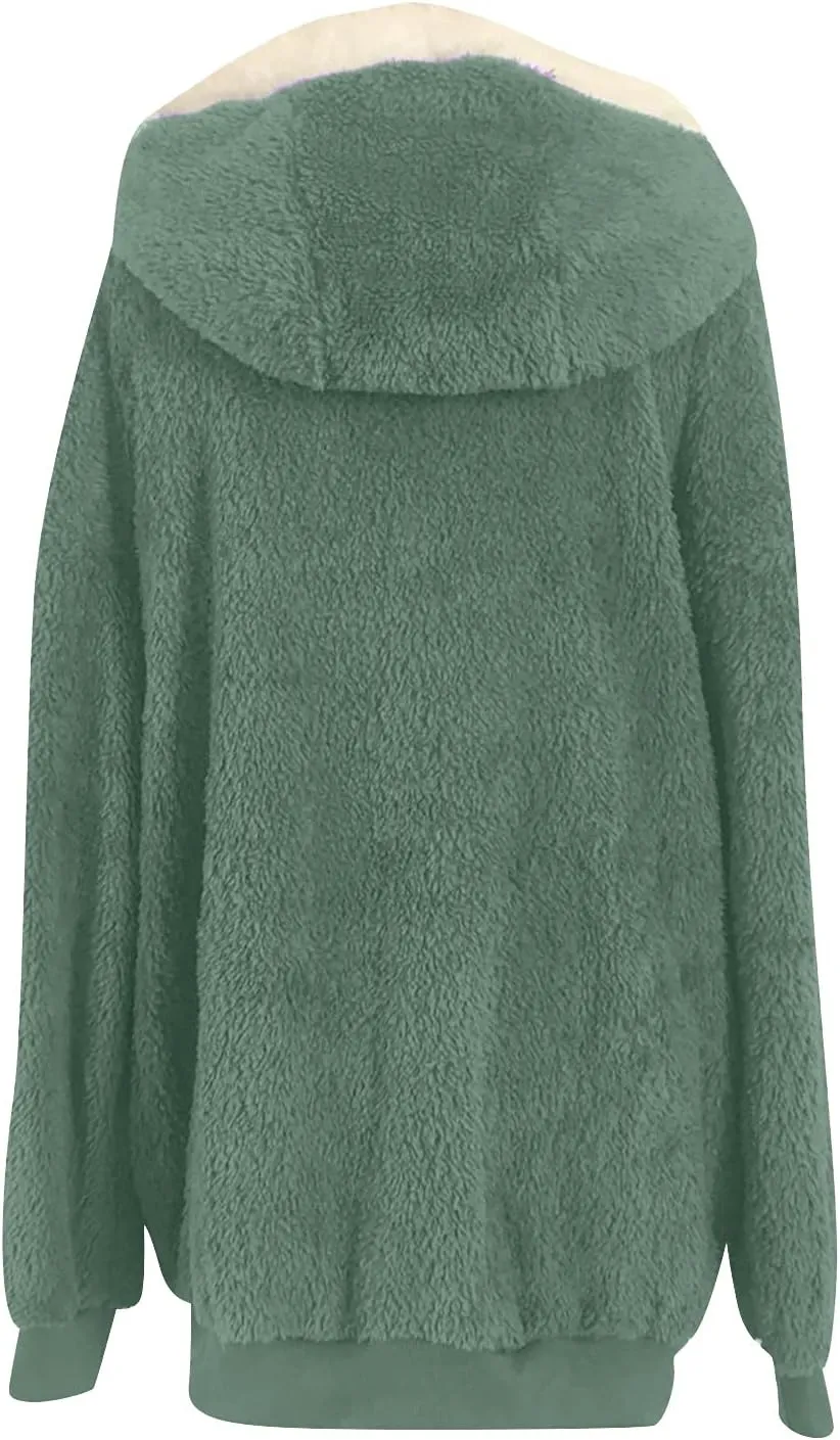 Womens Hooded Zip Up Sherpa Jacket Oversized Fuzzy Hoodies Long Sleeve Soft Fleece Sweatshirts Warm Winter Coat