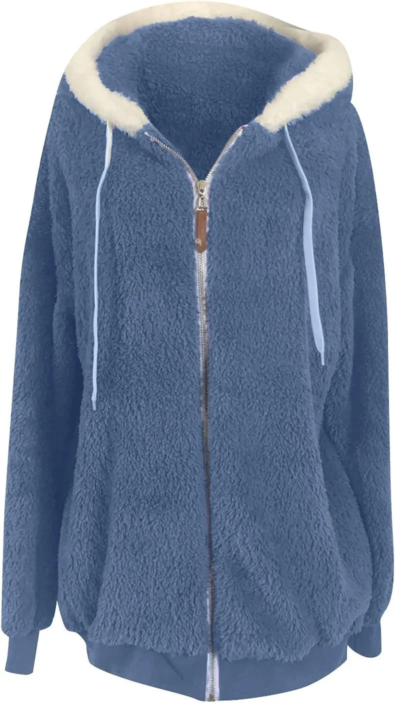 Womens Hooded Zip Up Sherpa Jacket Oversized Fuzzy Hoodies Long Sleeve Soft Fleece Sweatshirts Warm Winter Coat