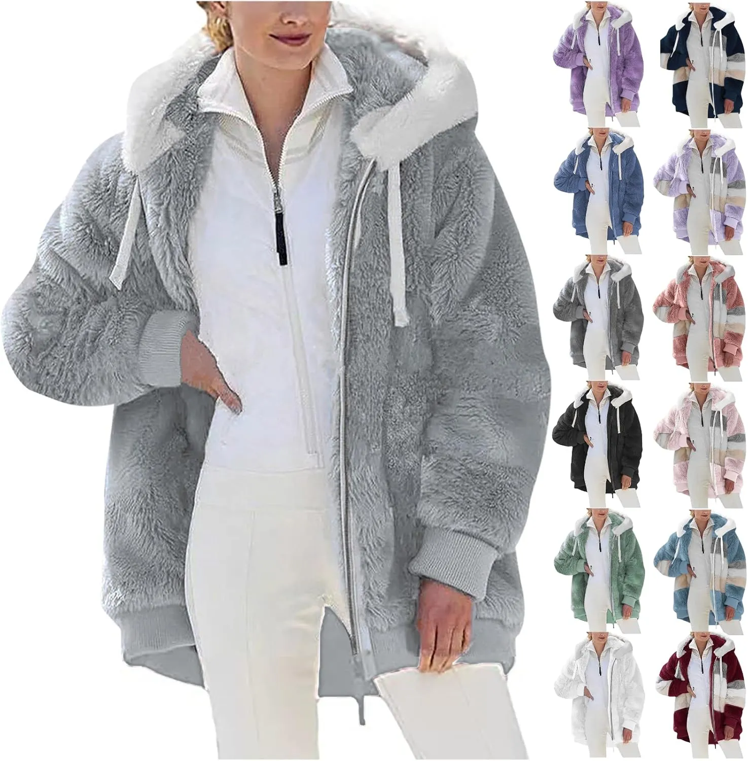 Womens Hooded Zip Up Sherpa Jacket Oversized Fuzzy Hoodies Long Sleeve Soft Fleece Sweatshirts Warm Winter Coat