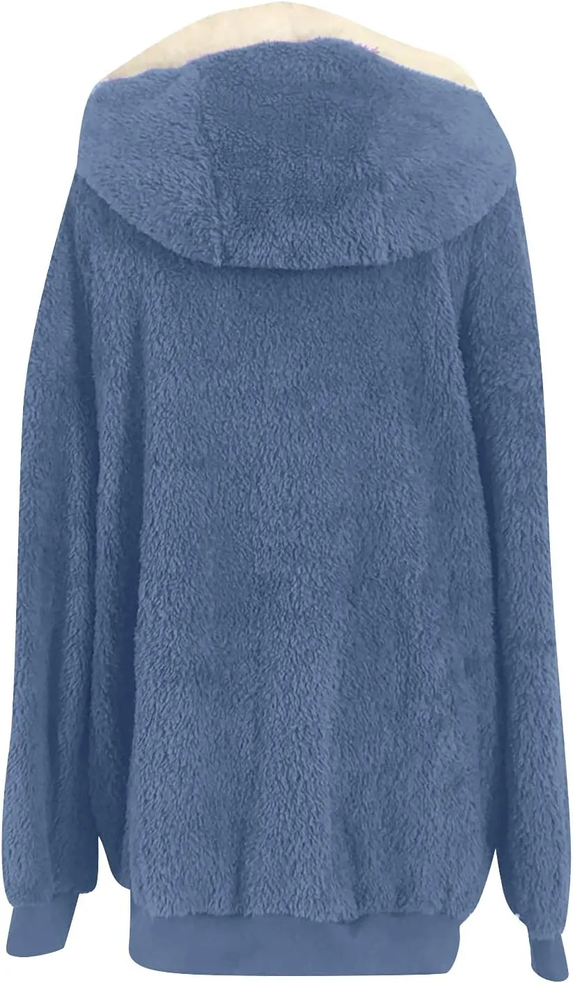 Womens Hooded Zip Up Sherpa Jacket Oversized Fuzzy Hoodies Long Sleeve Soft Fleece Sweatshirts Warm Winter Coat