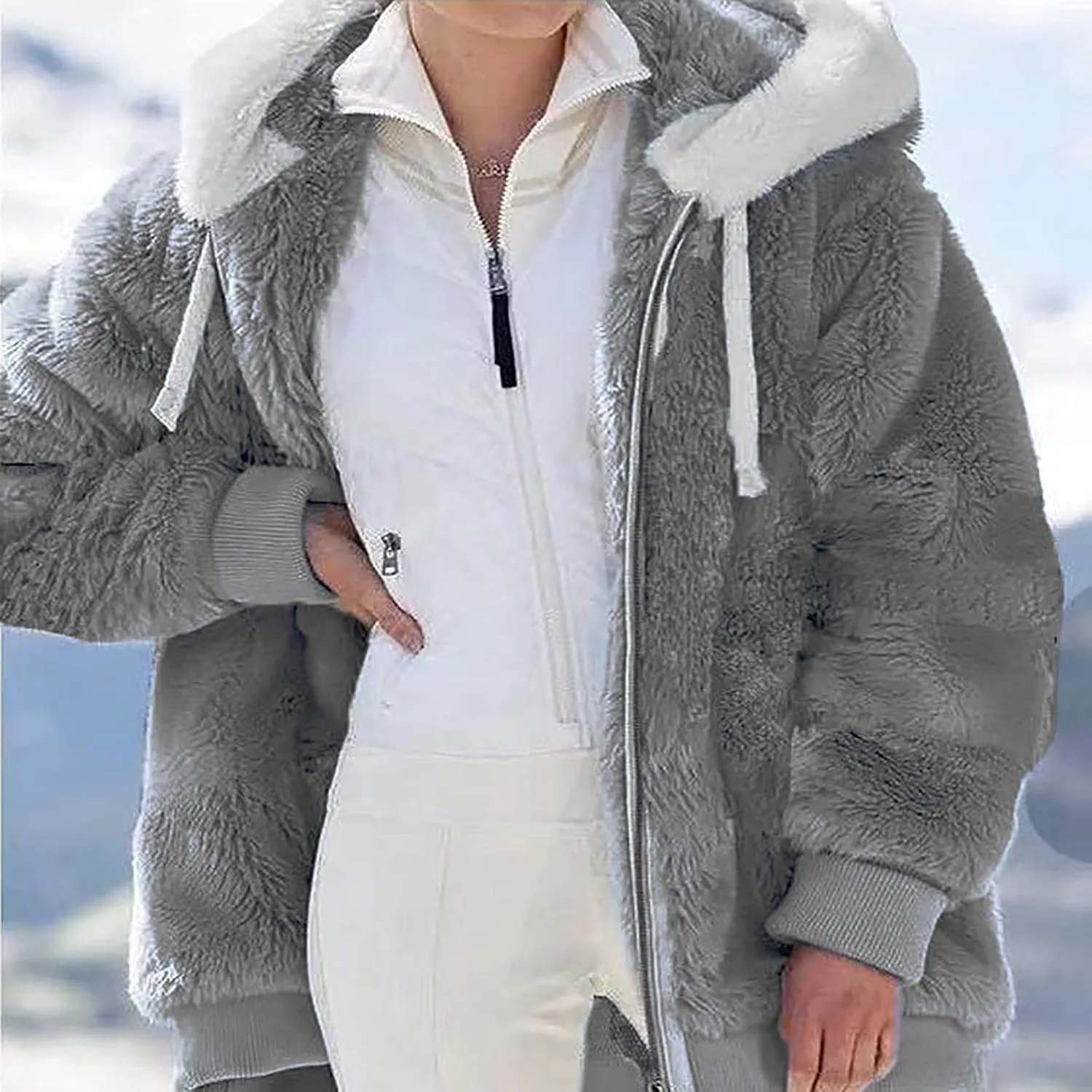 Womens Hooded Zip Up Sherpa Jacket Oversized Fuzzy Hoodies Long Sleeve Soft Fleece Sweatshirts Warm Winter Coat