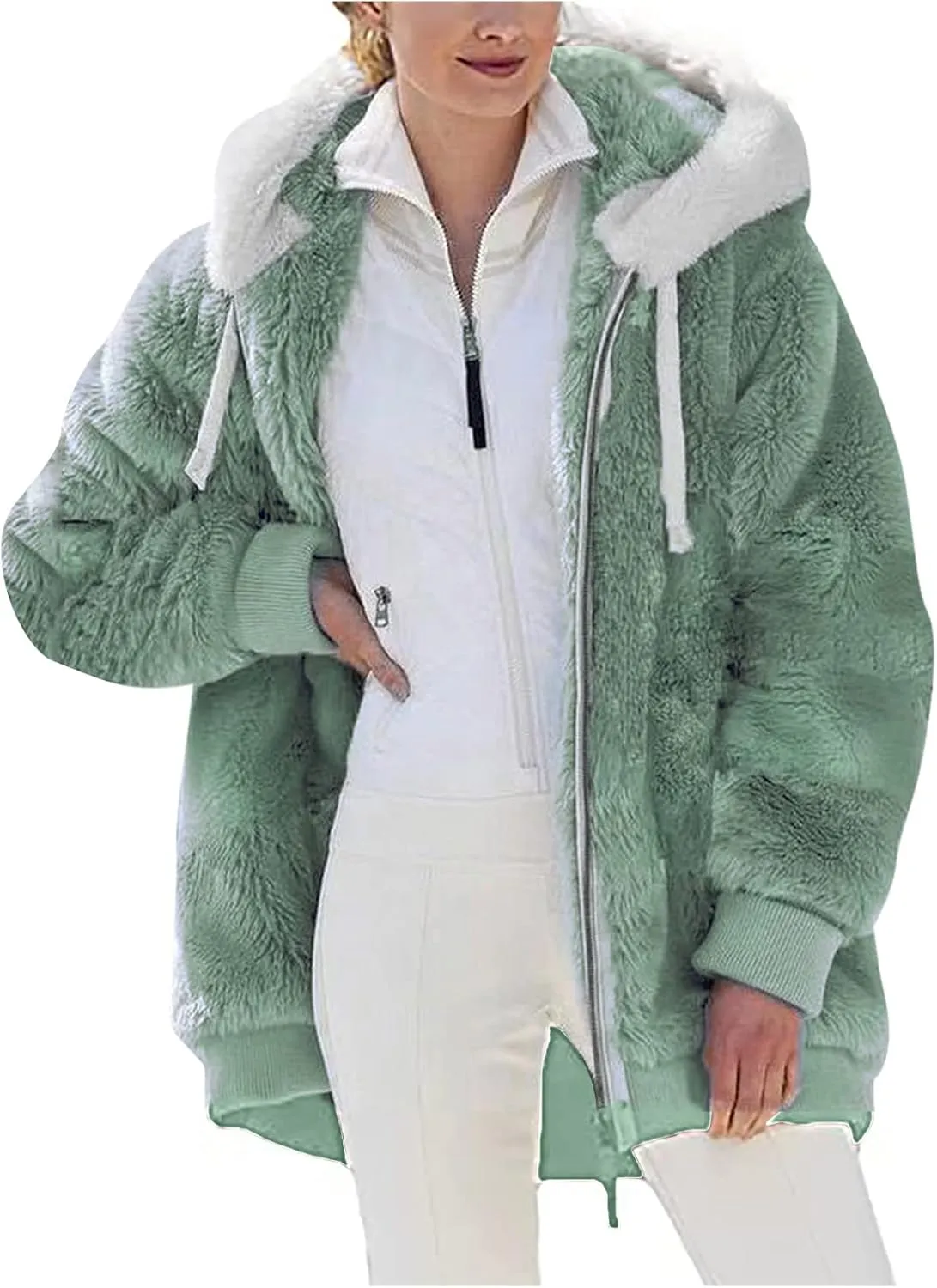 Womens Hooded Zip Up Sherpa Jacket Oversized Fuzzy Hoodies Long Sleeve Soft Fleece Sweatshirts Warm Winter Coat