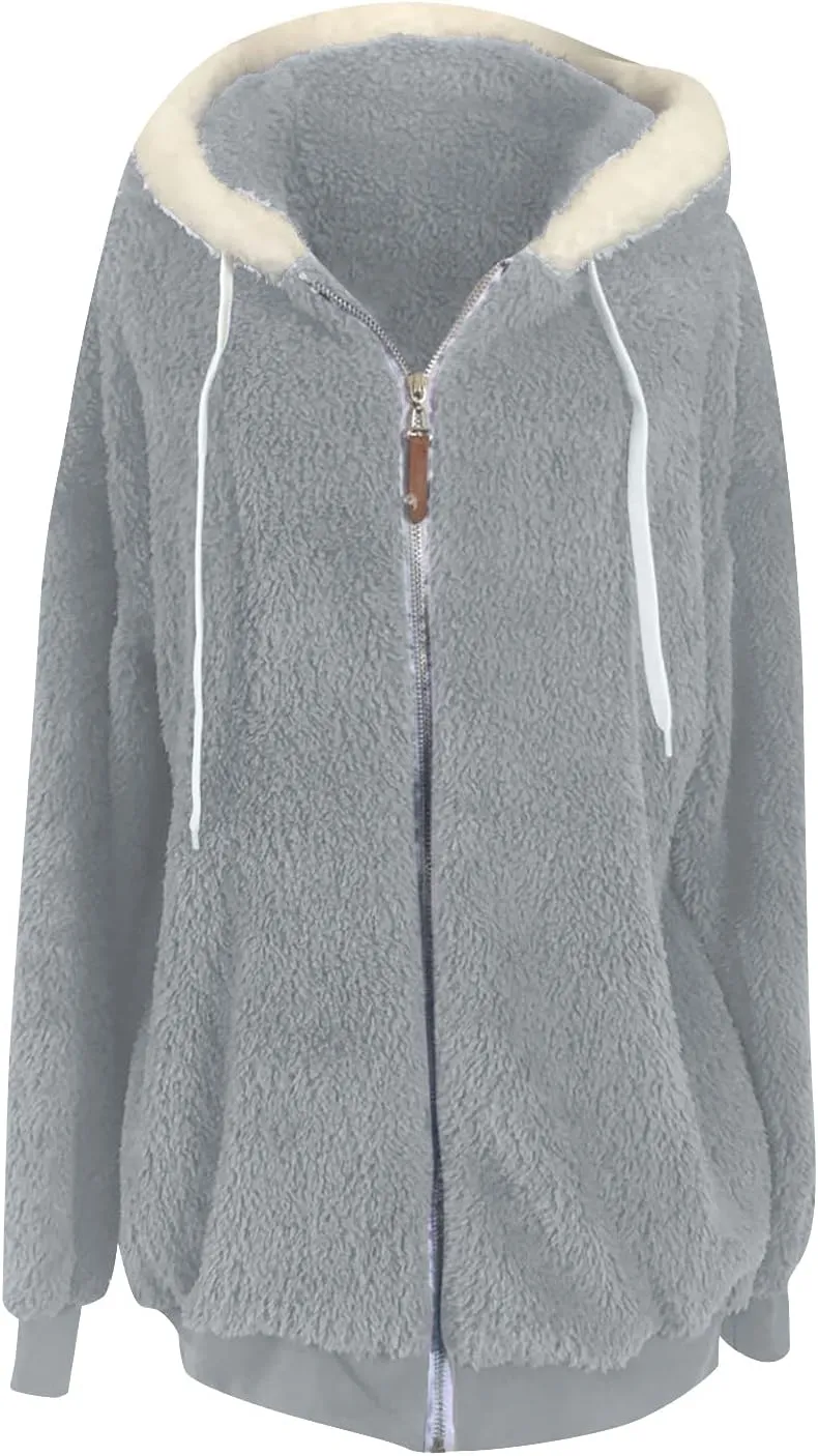 Womens Hooded Zip Up Sherpa Jacket Oversized Fuzzy Hoodies Long Sleeve Soft Fleece Sweatshirts Warm Winter Coat
