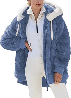 Womens Hooded Zip Up Sherpa Jacket Oversized Fuzzy Hoodies Long Sleeve Soft Fleece Sweatshirts Warm Winter Coat