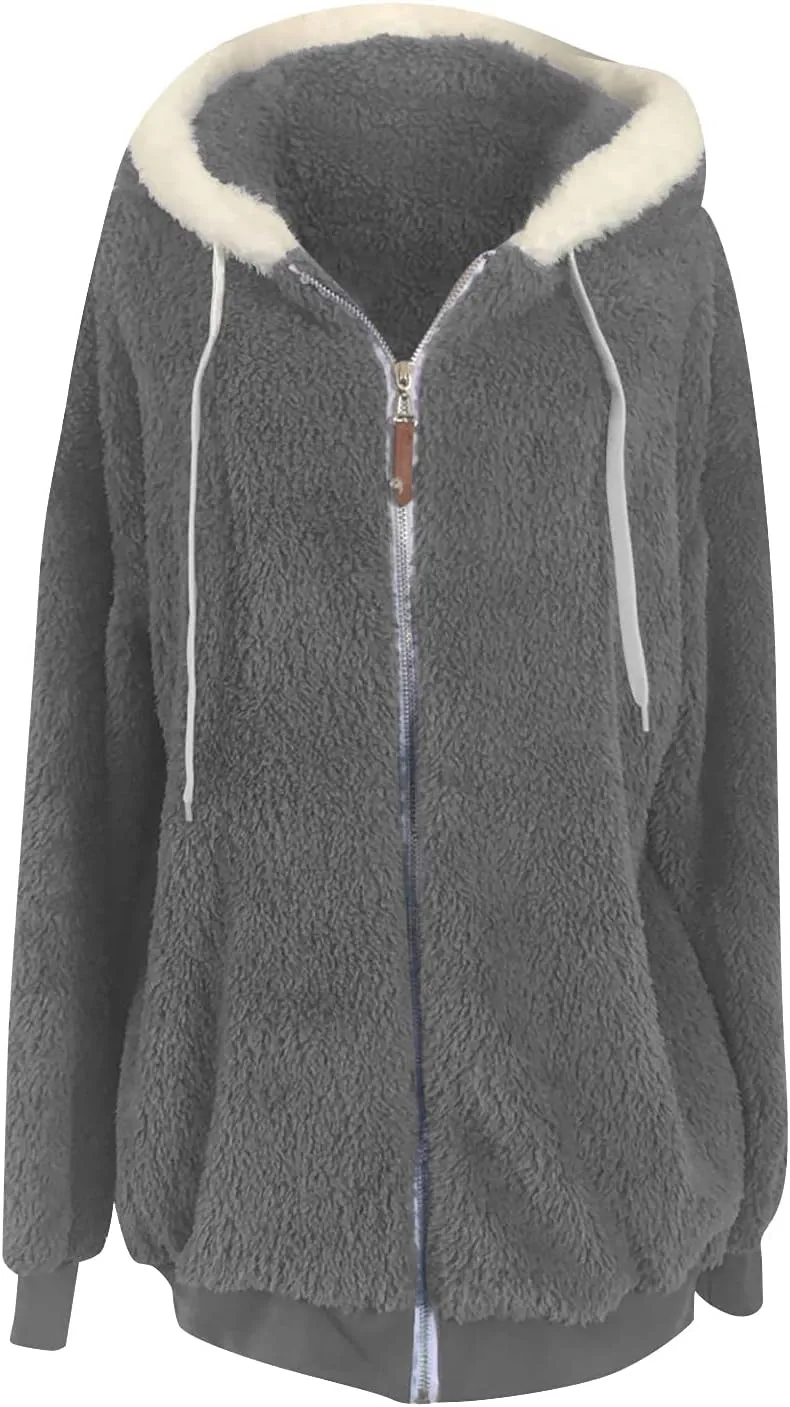 Womens Hooded Zip Up Sherpa Jacket Oversized Fuzzy Hoodies Long Sleeve Soft Fleece Sweatshirts Warm Winter Coat
