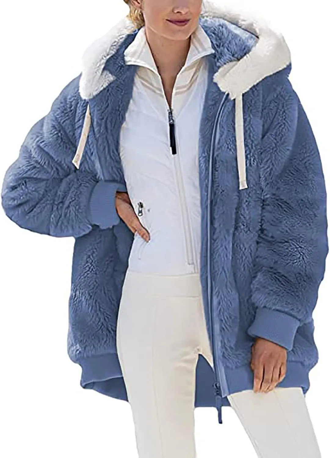 Womens Hooded Zip Up Sherpa Jacket Oversized Fuzzy Hoodies Long Sleeve Soft Fleece Sweatshirts Warm Winter Coat