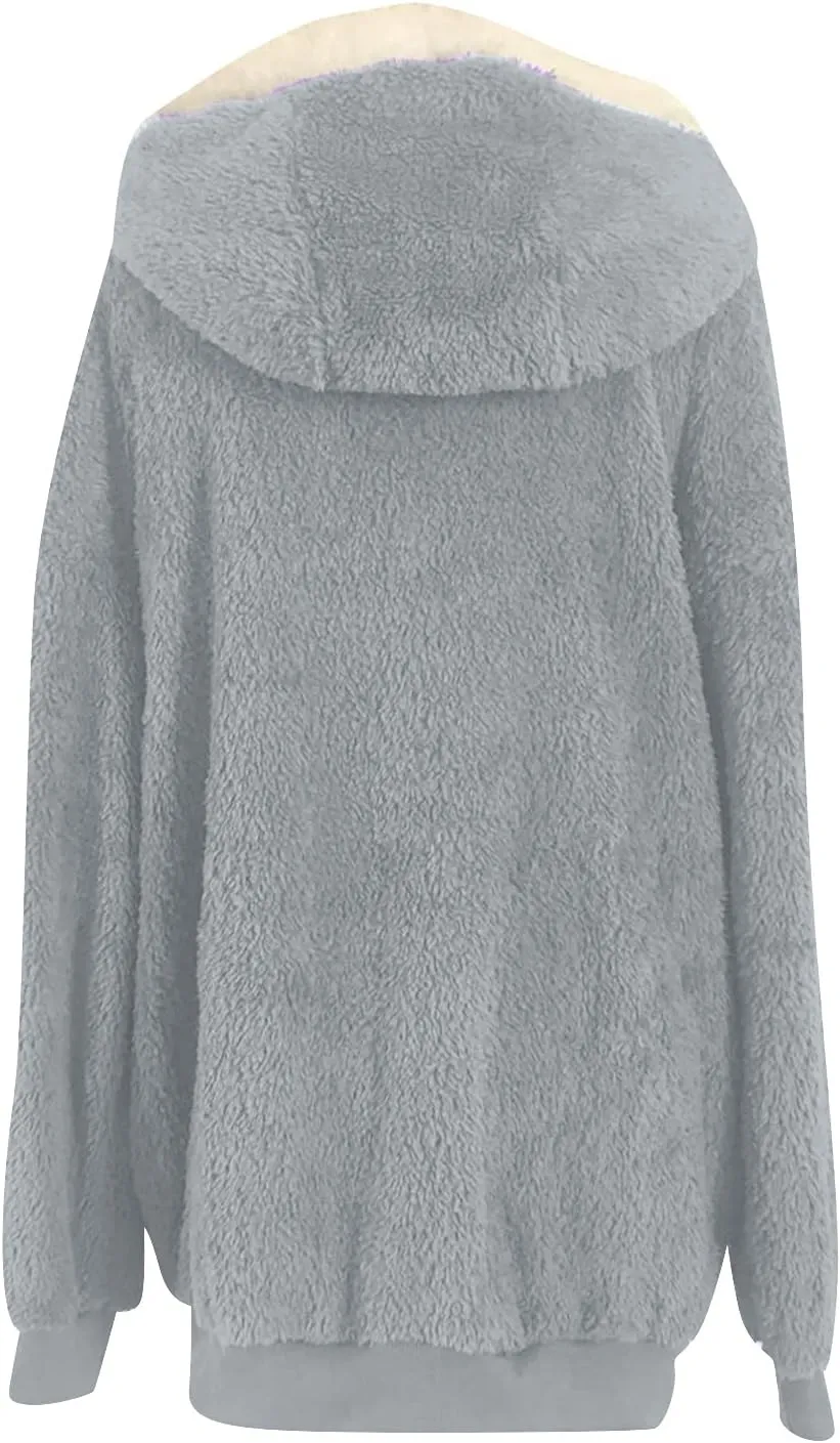 Womens Hooded Zip Up Sherpa Jacket Oversized Fuzzy Hoodies Long Sleeve Soft Fleece Sweatshirts Warm Winter Coat