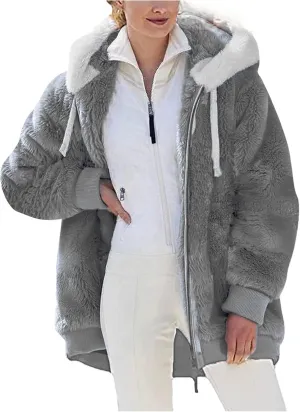Womens Hooded Zip Up Sherpa Jacket Oversized Fuzzy Hoodies Long Sleeve Soft Fleece Sweatshirts Warm Winter Coat