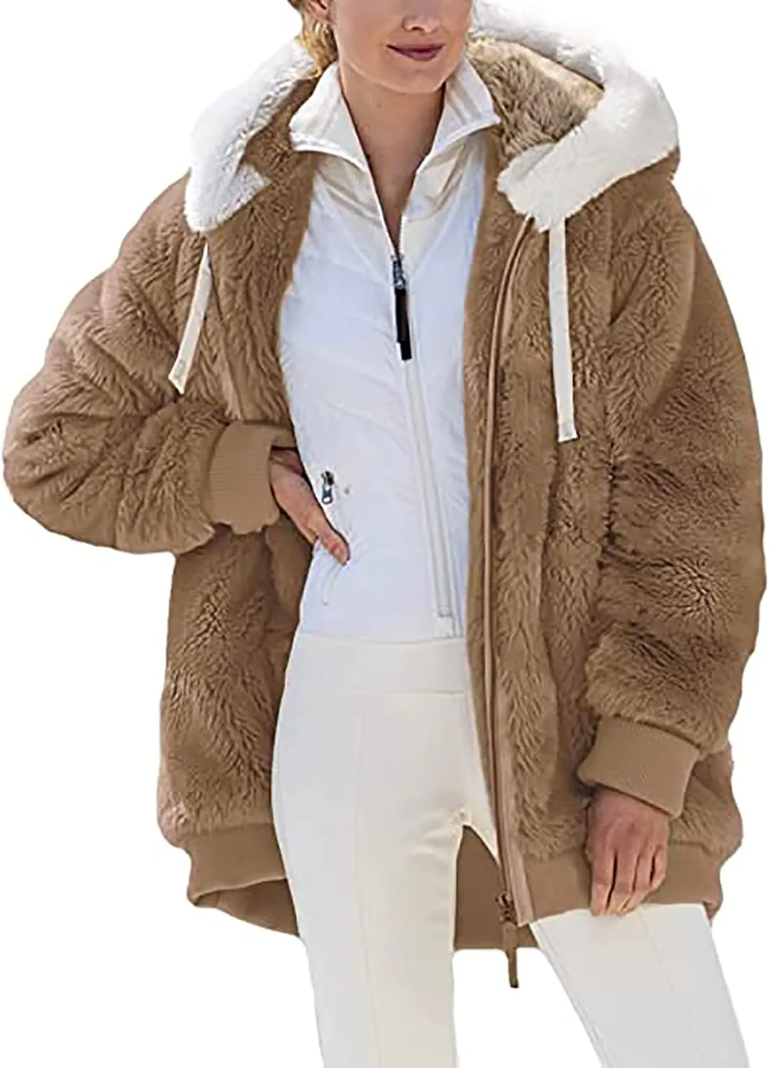 Womens Hooded Zip Up Sherpa Jacket Oversized Fuzzy Hoodies Long Sleeve Soft Fleece Sweatshirts Warm Winter Coat