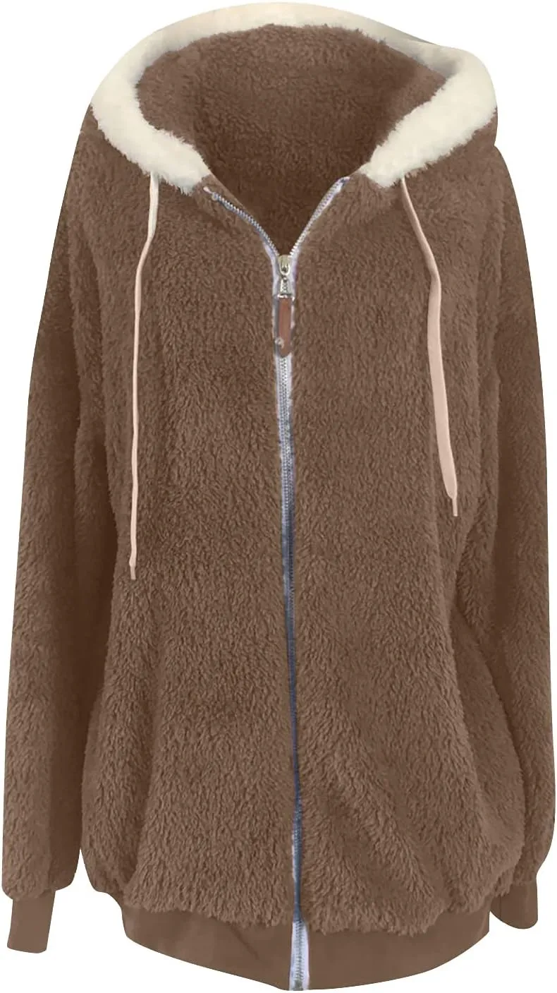 Womens Hooded Zip Up Sherpa Jacket Oversized Fuzzy Hoodies Long Sleeve Soft Fleece Sweatshirts Warm Winter Coat