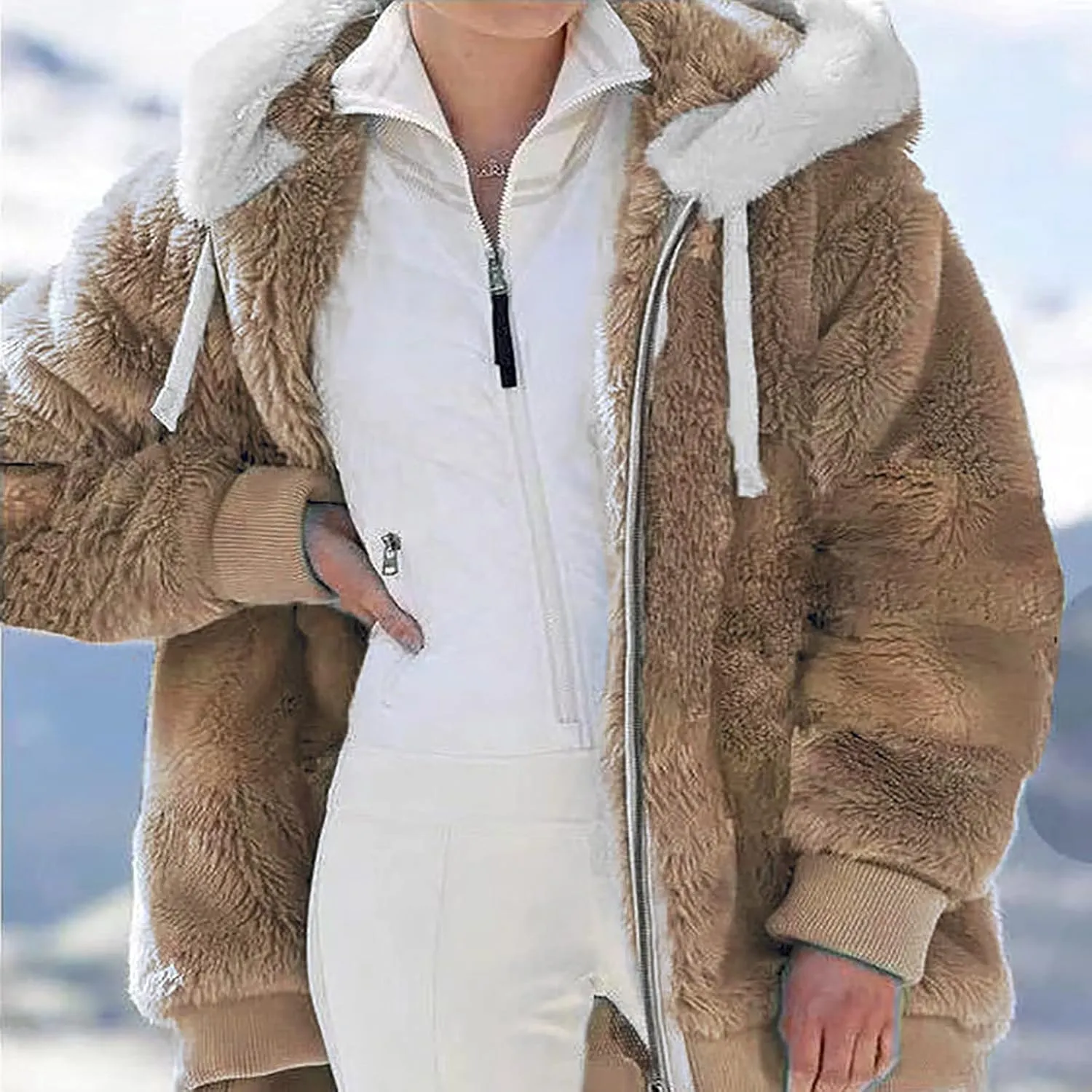 Womens Hooded Zip Up Sherpa Jacket Oversized Fuzzy Hoodies Long Sleeve Soft Fleece Sweatshirts Warm Winter Coat