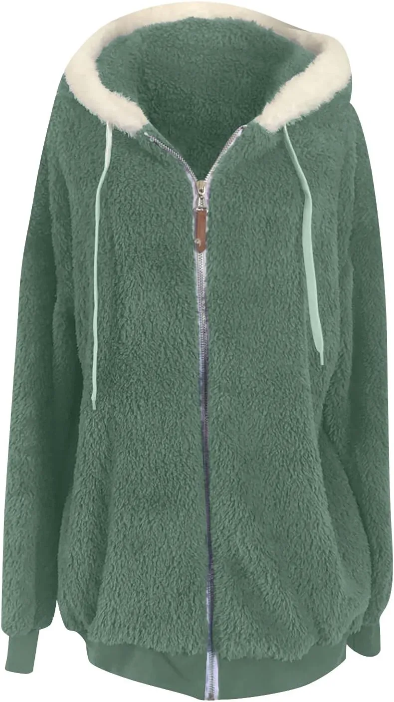 Womens Hooded Zip Up Sherpa Jacket Oversized Fuzzy Hoodies Long Sleeve Soft Fleece Sweatshirts Warm Winter Coat
