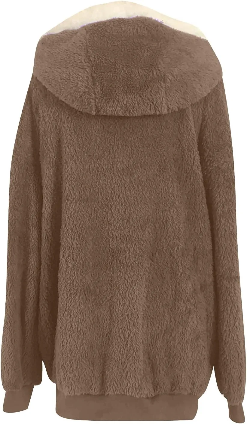 Womens Hooded Zip Up Sherpa Jacket Oversized Fuzzy Hoodies Long Sleeve Soft Fleece Sweatshirts Warm Winter Coat