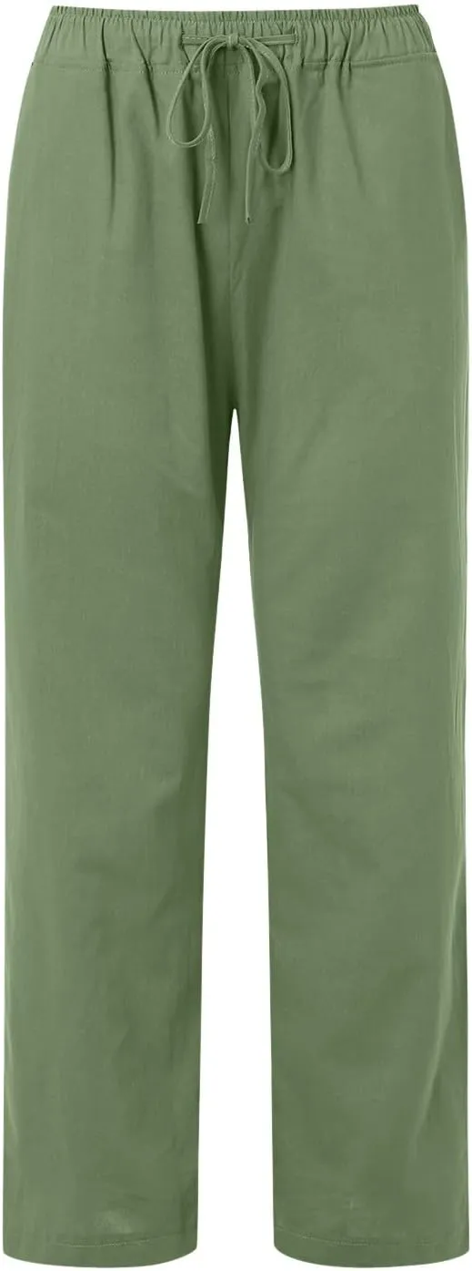 Women's Linen Blend Summer Casual Flowy Palazzo Lounge Pants Elastic Waisted Stretchy Straight Loose Fit