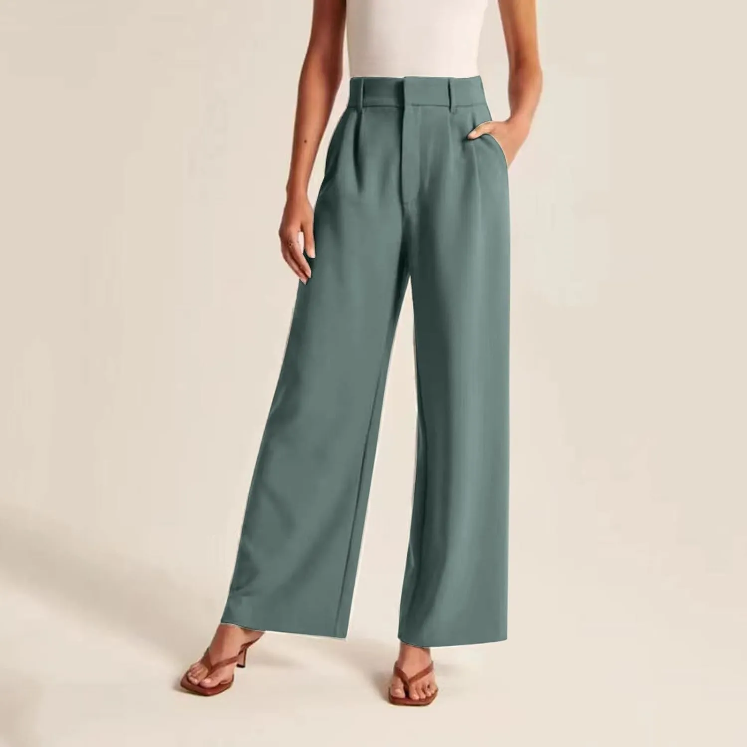 Womens Linen Blend Summer Loose Pants Elastic Waist Long Lounge Slim-Fit Palazzo Lounge Pants Beach