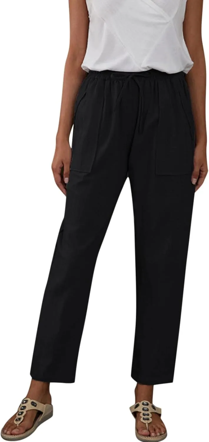Womens Linen Blend Summer Print Pant Trousers Low Waist Ankle Length Loose Fit Trouser Office