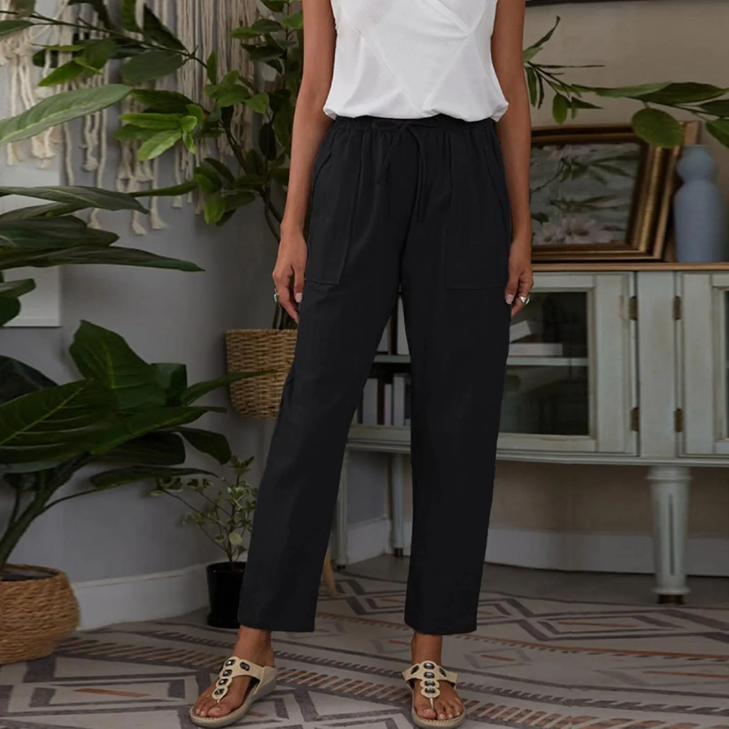 Womens Linen Blend Summer Print Pant Trousers Low Waist Ankle Length Loose Fit Trouser Office