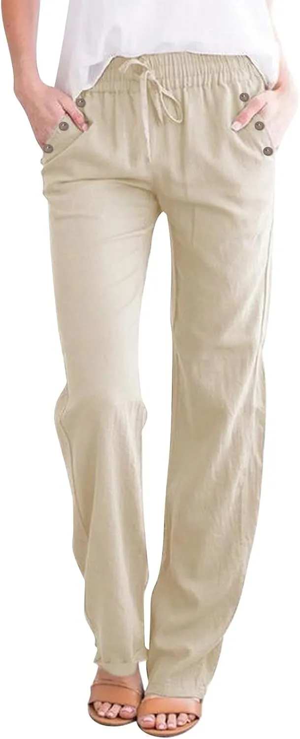 Womens Linen Blend Summer Y2K Fashion Palazzo Lounge Pants Elastic Waist Stretchy Slim Fit Trouser Business Work