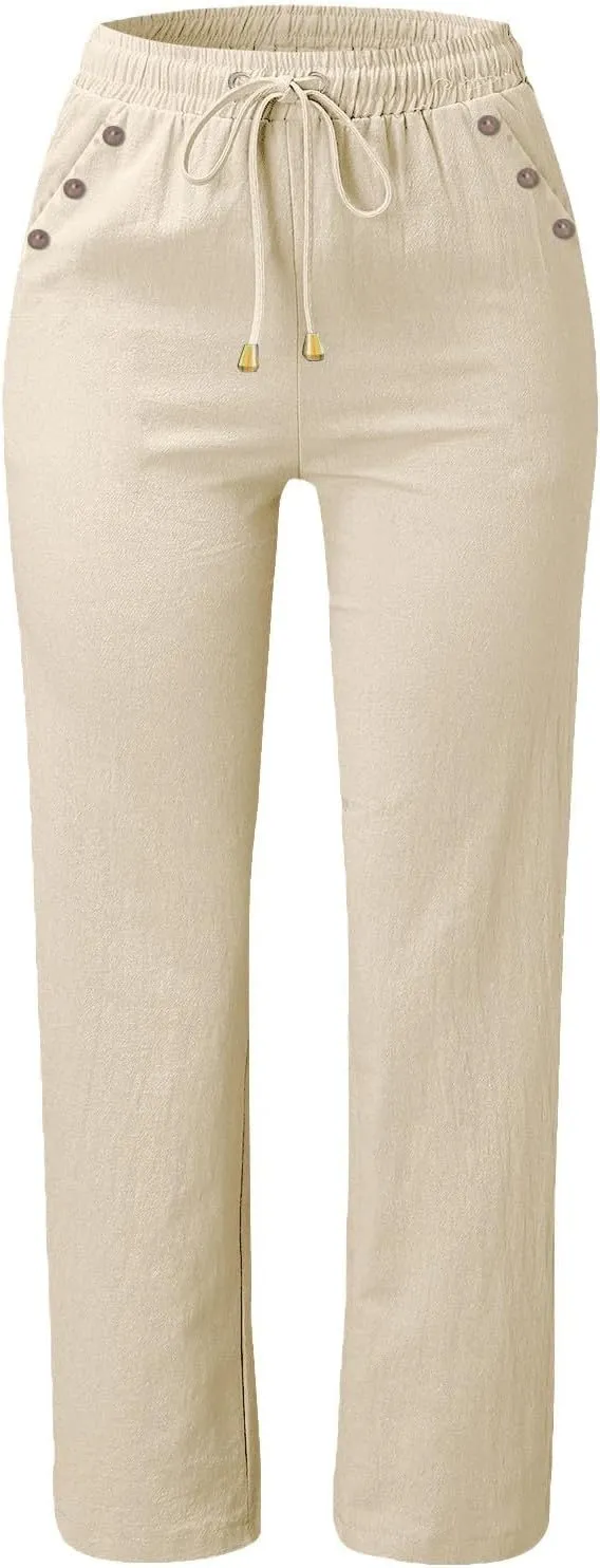 Womens Linen Blend Summer Y2K Fashion Palazzo Lounge Pants Elastic Waist Stretchy Slim Fit Trouser Business Work
