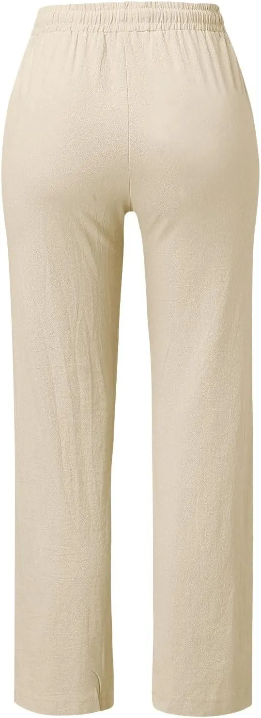 Womens Linen Blend Summer Y2K Fashion Palazzo Lounge Pants Elastic Waist Stretchy Slim Fit Trouser Business Work