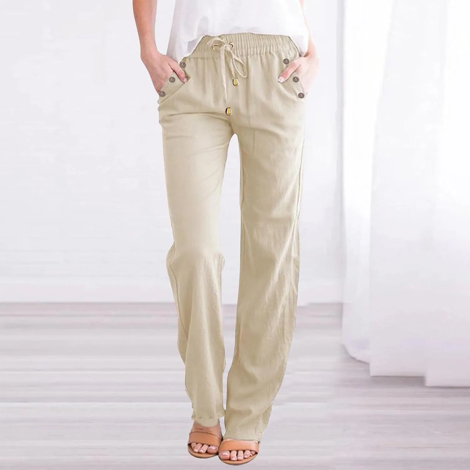Womens Linen Blend Summer Y2K Fashion Palazzo Lounge Pants Elastic Waist Stretchy Slim Fit Trouser Business Work
