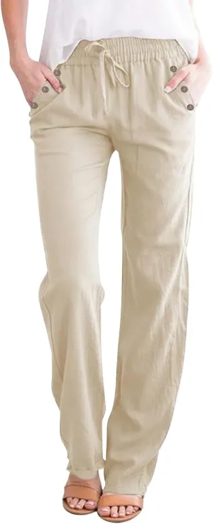 Womens Linen Blend Summer Y2K Fashion Palazzo Lounge Pants Elastic Waist Stretchy Slim Fit Trouser Business Work