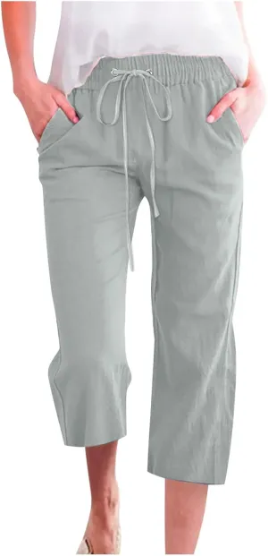 Womens Linen Capri Pants 2024 Summer Casual High Waist Drawstring Elastic Loose Soft Pockets Wide Leg Cropped Trousers, X-Large, Style A-mint Green