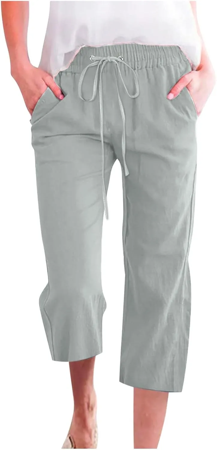 Womens Linen Capri Pants 2024 Summer Casual High Waist Drawstring Elastic Loose Soft Pockets Wide Leg Cropped Trousers, X-Large, Style A-mint Green