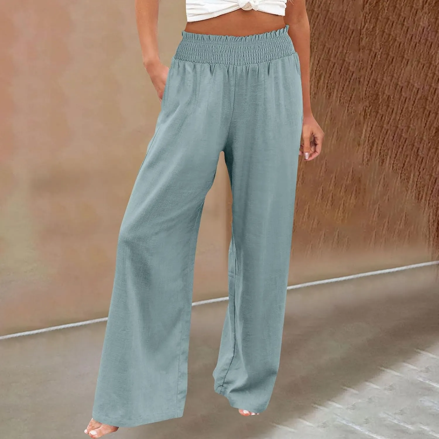 Womens Linen Pants 2025 Summer Casual Loose Wide Leg Palazzo Pants High Waist Flowy Beach Trousers Outfits