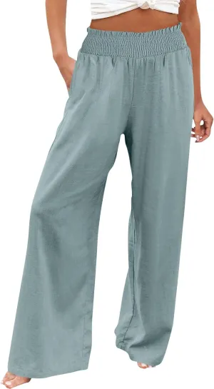 Womens Linen Pants 2025 Summer Casual Loose Wide Leg Palazzo Pants High Waist Flowy Beach Trousers Outfits