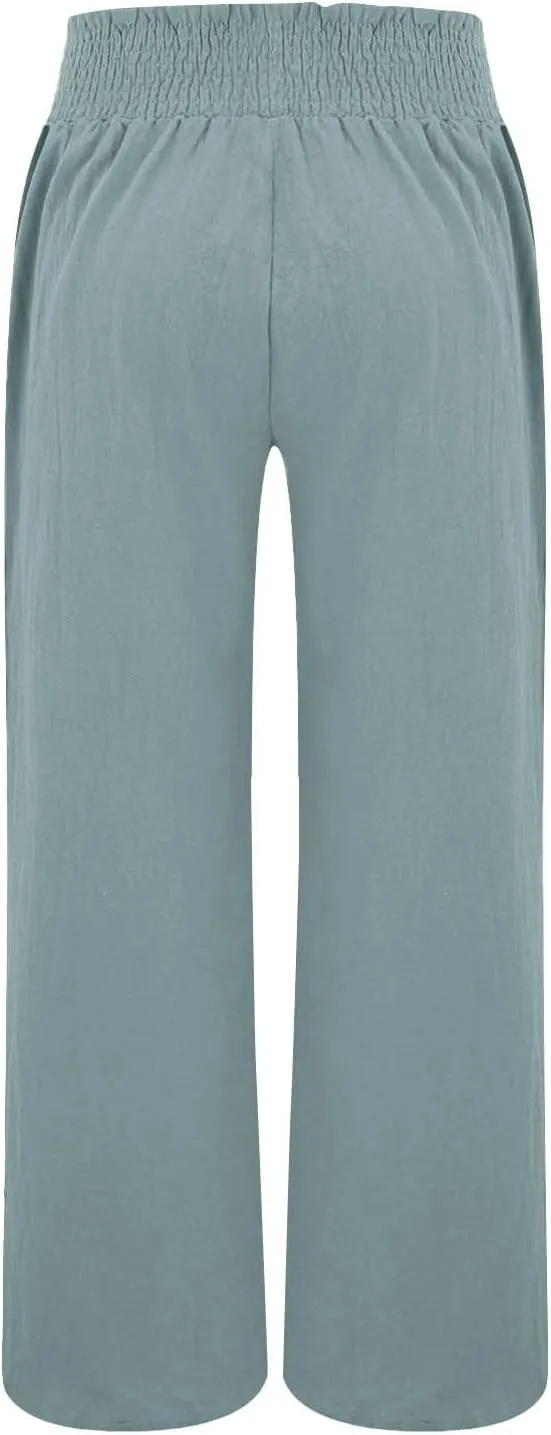 Womens Linen Pants 2025 Summer Casual Loose Wide Leg Palazzo Pants High Waist Flowy Beach Trousers Outfits