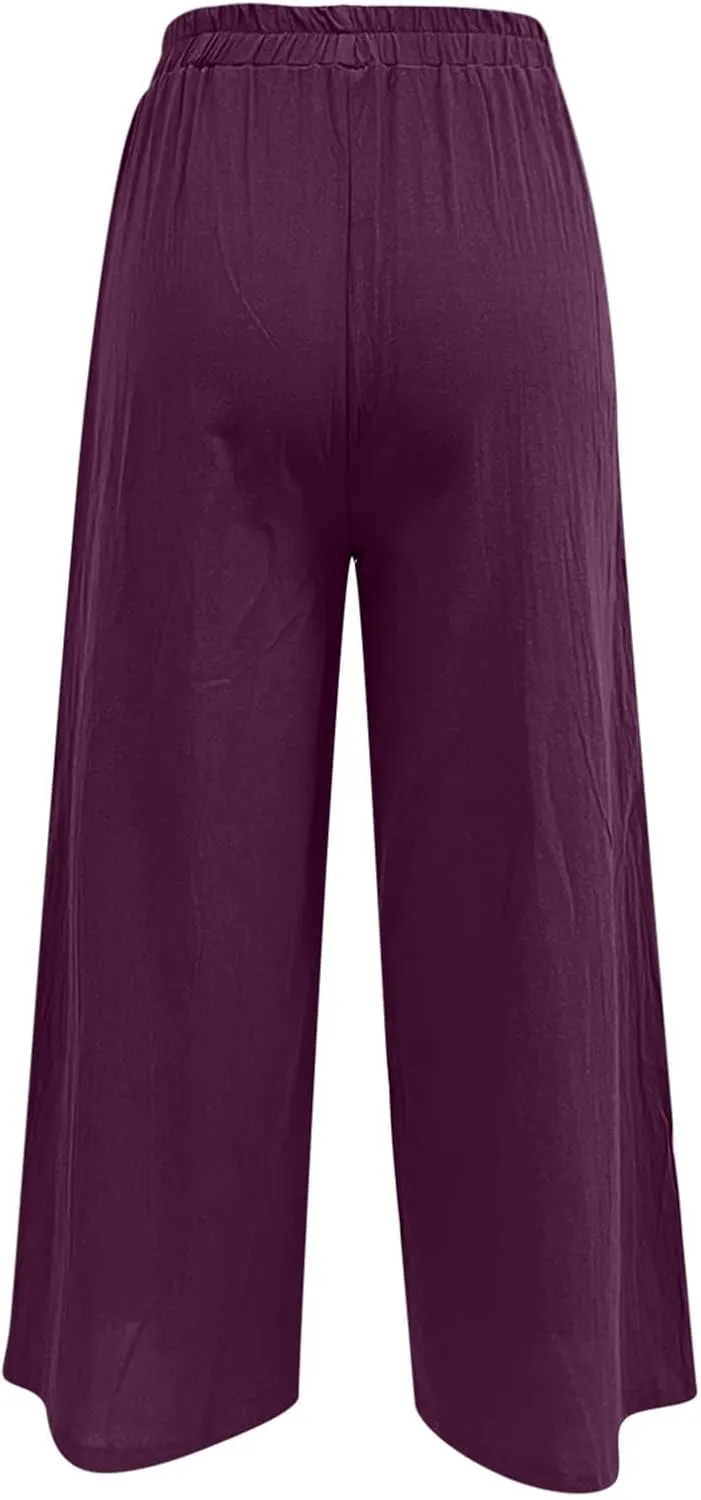 Womens Linen Summer Boho Pant Trousers Elastic Waisted Lounge Pants Plus Size Palazzo Lounge Pants Travel