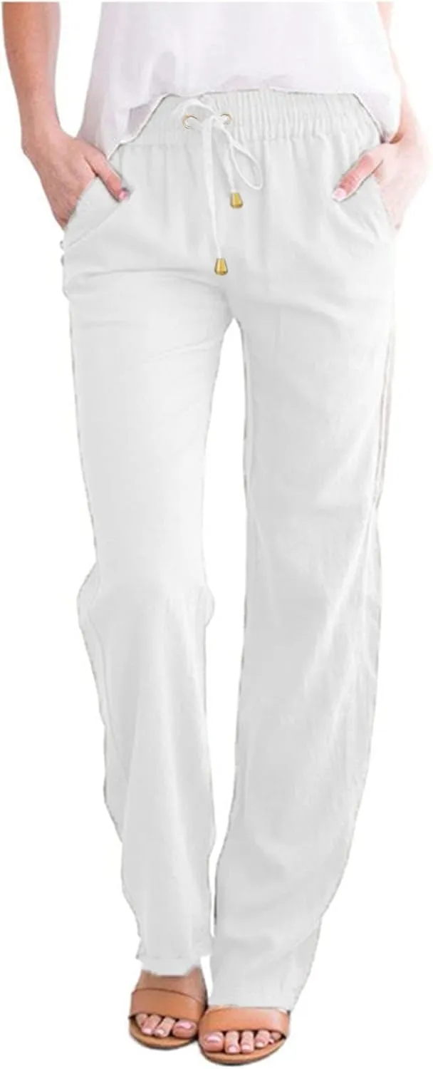 Women's Linen Summer Tie Knot Palazzo Lounge Pants High Waist Ankle Length Slim Fit Pant Trousers Office